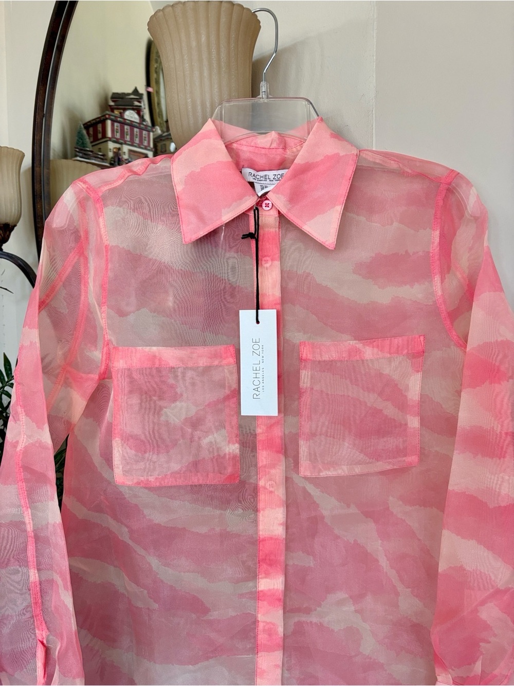 NWT Rachel Zoe Pink & Cream Sheer Camouflage Button-Up Shirt Jacket Blouse - Picture 2 of 13
